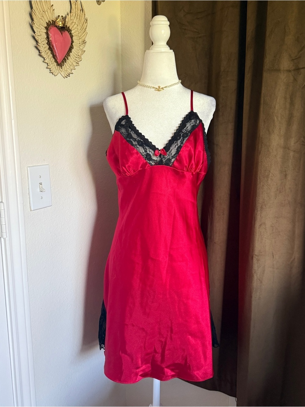 Elegant Red Satin Nightgown with Black Lace Trim